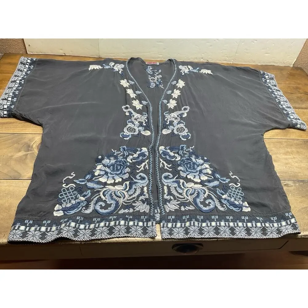 Johnny Was Gray/ Blue Embroidered Floral Open-Front Kimono Jacket 3/4 M FLAW